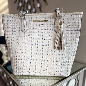 Brahmin Croc-Embossed Leather Tote in Ivory Blue